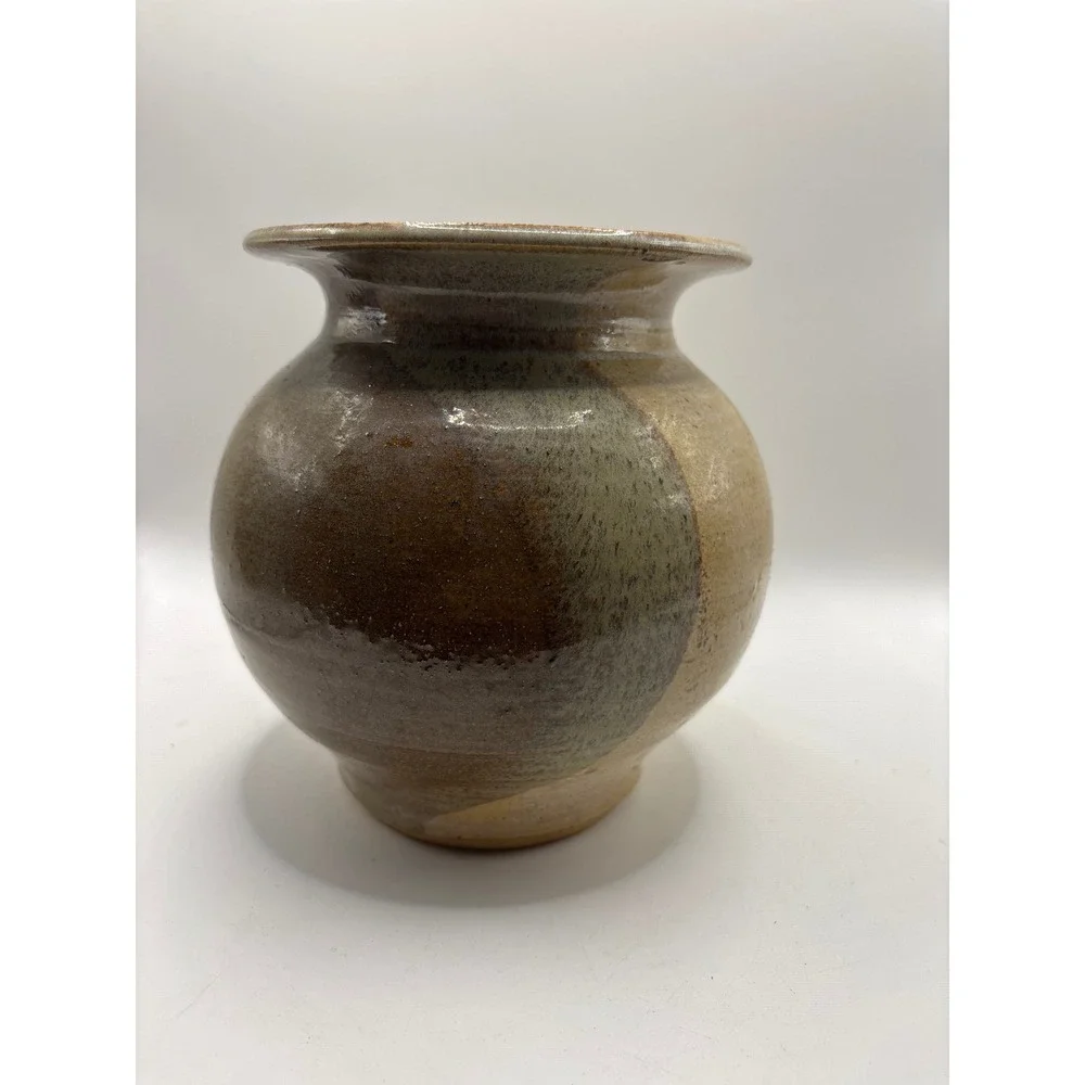 Handmade Studio Pottery Vase Earthy Glaze Round Bulbous Flared Rim 6.5 Inch
